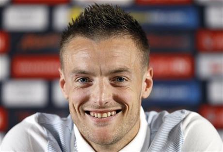 England’s Jamie Vardy smiles during a press conference at Les Fontaines in Chantilly France Saturday