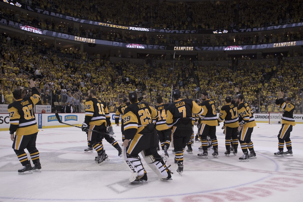 1 June 2016 Fans hold a giant American flag during the'National Anthem. Game Two was won 2-1 in overtime by the Pittsburgh Penguins against the San Jose Sharks in the 2016 NHL Stanley Cup Final at the Consol Energy Center in Pittsburgh Pennsylvania. T