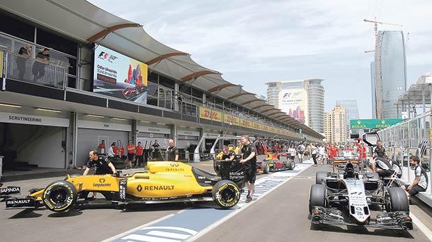 A view of the Baku City Circuit pit lane