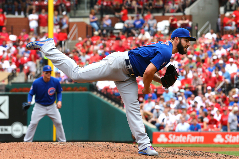 25 MAY 2016 Chicago Cubs starting pitcher Jake Arrieta delivers a pitch against the St. Louis Cardinals at Bush Stadium