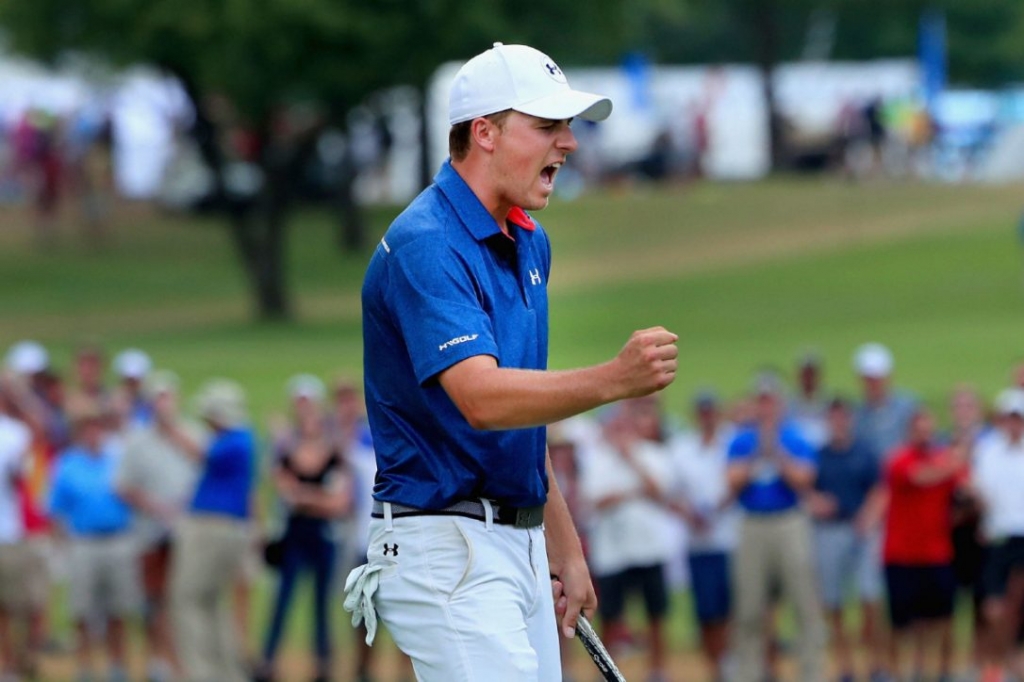 Jordan Spieth reacts to a sweet birdie putt as he closes in on victory at Colonial on Sunday