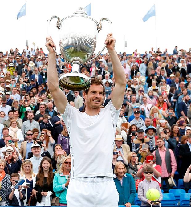 Just champion Andy Murray lifts the trophy
after winning the final of the 2016 Aegon Championships at The Queen’s Club