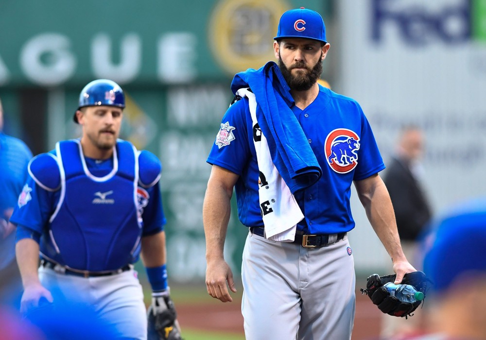 May 3 2016 Chicago Cubs starting pitcher Jake Arrieta walks towards the dugout before the start of the game between the Pittsburgh Pirates and the Chicago Cubs at PNC Park in Pittsburgh Pennsylvania