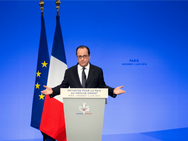 French President Francois Hollande delivers a speech at the opening of an international meeting in a bid to revive the Israeli Palestinian peace process in Paris