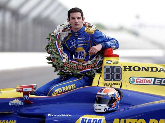 Indianapolis 500 champion Alexander Rossi poses during the traditional winners