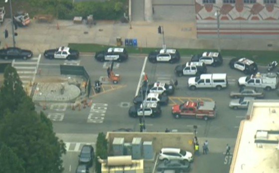 LAPD police cars and LAFD vehicles converged on Boelter Hall at UCLA