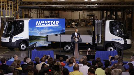 Obama as he delivers remarks on the economy in front of Navistar's all-electric commercial truck at a manufacturing plant in Wakarusa Ind. Obama who made his first trip as president to nearby El