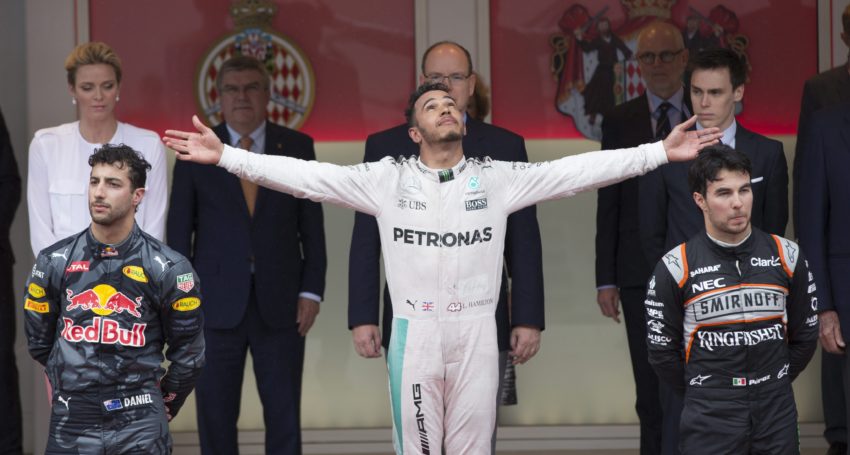 Lewis Hamilton revels in his win over a disgruntled Daniel Ricciardo and Mexican Sergio Perez