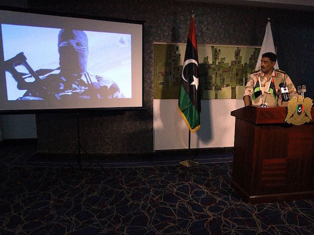 Ahmed al-Mesmari a spokesman of Libya's opposition armed forces which are made up of militias and some units of the national army based in the east of the country addresses the media