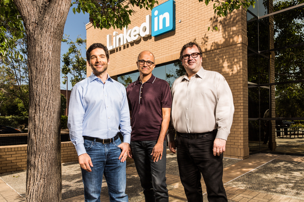 LinkedIn CEO Jeff Weiner Microsoft CEO Satya Nadella and Linked In co-founder Reid Hoffman