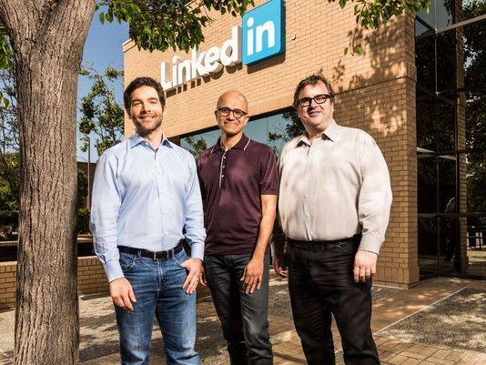 LinkedIn CEO Jeff Weiner left Microsoft CEO Satya Nadella and Linked In founder Reid Hoffman