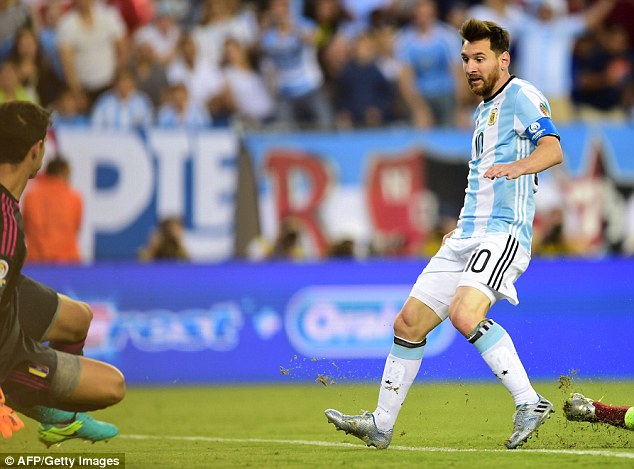 Lionel Messi scores the third goal of the game and equalled Gabriel Batistuta's record tally of 54