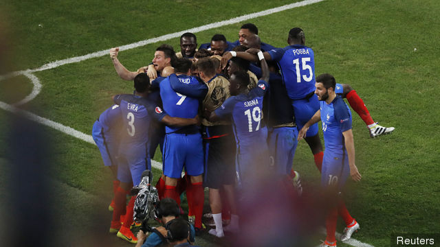 France's Antoine Griezmann celebrates scoring their first goal