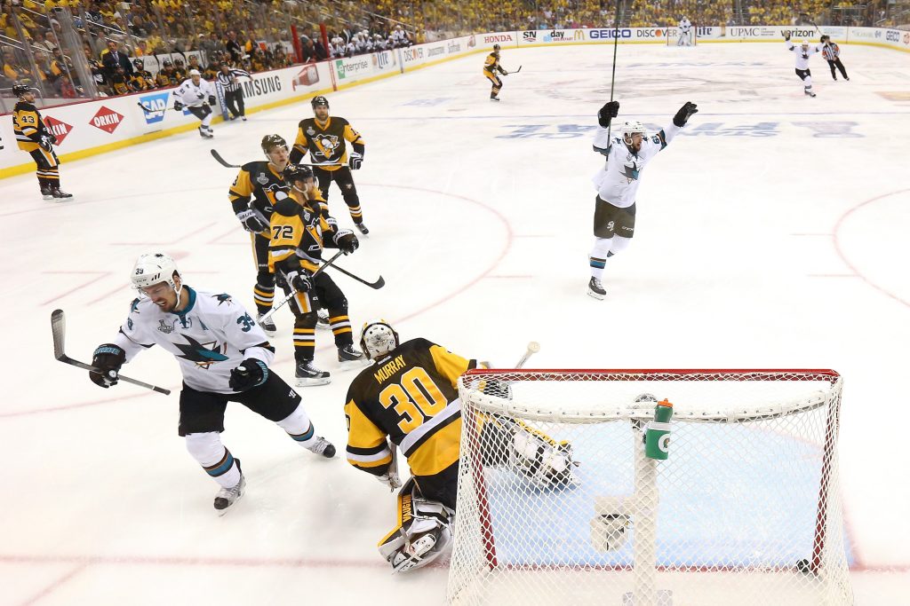 Logan Couture of the Sharks helped his team get off to a quick start in Game Five of the Stanley Cup final Thursday in Pittsburgh.			
		Getty Images