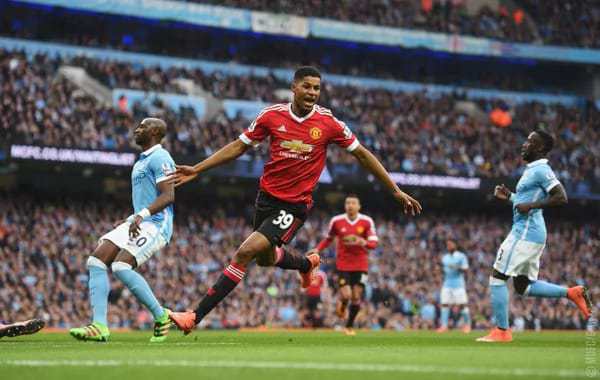 Manchester United's marcus Rashford celebrates his goal in the Manchester derby