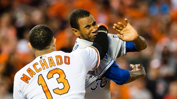 A fight breaks out between the Baltimore Orioles and Kansas City Royals after starting pitcher Yordano Ventura drilled Orioles batter Manny Machado during the fifth inning of a baseball game Tuesday