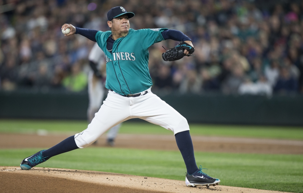 SEATTLE WA- MAY 27 Felix Hernandez #34 of the Seattle Mariners delivers a pitch during the first inning of a game against the Minnesota Twins at Safeco Field