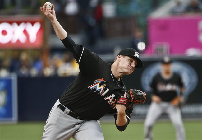 Miami Marlins starting pitcher Tom Koehler works against the San Diego Padres diromg the first inning of a baseball game Tuesday