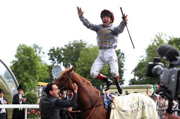 Jockey Frankie Dettori does his famous flying dismount after winning the St James's Palace Stakes aboard Galileo Gold on day one of Royal Ascot 2016 at Ascot Racecourse on Tuesday June 14 2016