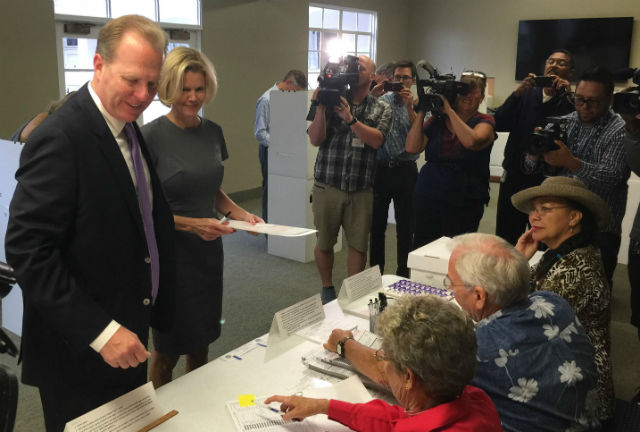 Mayor Kevin Faulconer and his wife Katherine voting Point Loma Community Presbyterian Church. Courtesy Faulconer's campaign