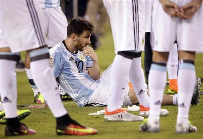 Argentina's Lionel Messi waits for trophy presentations after the Copa America Centenario championship soccer match Sunday