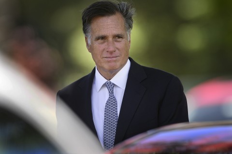 Mitt Romney leaves the funeral services for former senator Bob Bennett in Salt Lake City on May 14