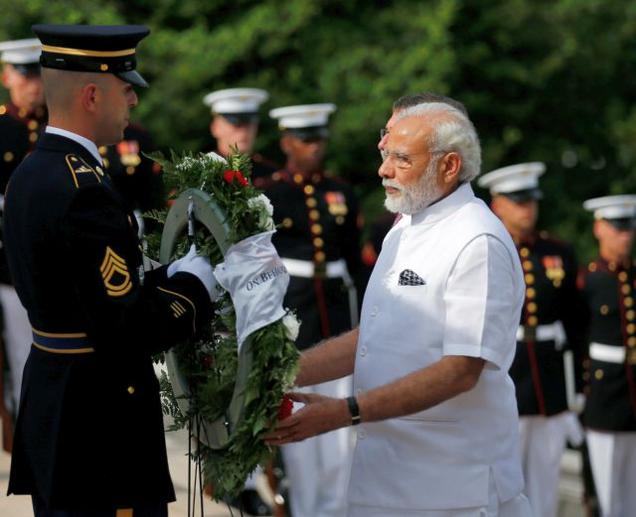 Prime Minister Narendra Modi lays a wreath at Arlington National Cemetery at the Tomb of the Unknown Soldier in Arlington Virginia on Monday