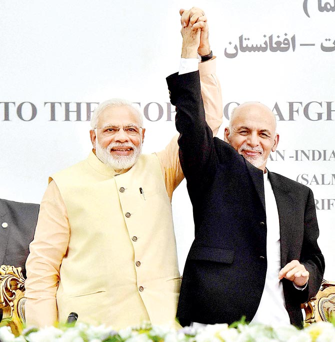 Prime Minister Narendra Modi and Afghan President Ashraf Ghani in Herat on Saturday. Pic  PTI