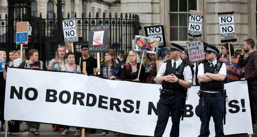 Anti Brexit protesters demonstrate at the gates of Downing Street