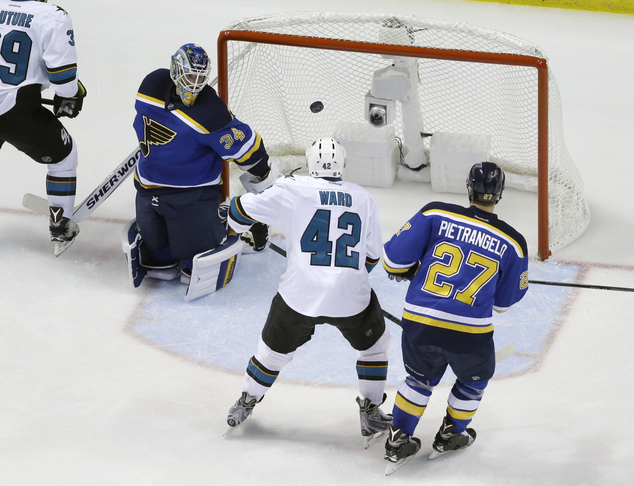 San Jose Sharks right wing Joel Ward  gets the puck past St. Louis Blues goalie Jake Allen for a score during the second period in Game 5 of the NH