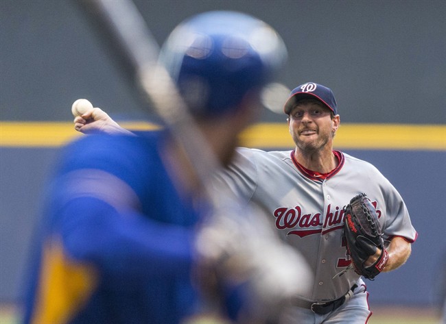 Washington Nationals&#39 Max Scherzer pitchers to a Milwaukee Brewers batter during the first inning of a baseball game Friday