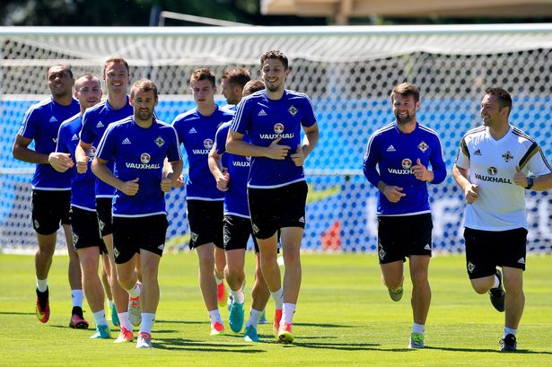 Northern Ireland's Jonny Evans Niall GcGinn Craig Cathcart and Oliver Norwood in training ahead of Saturday's Euro 2016 clash with Wales