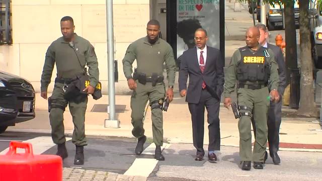 Officer Caesar Goodson enters the courtroom on Day 7 of his trial in the Freddie Gray case.                      WMAR