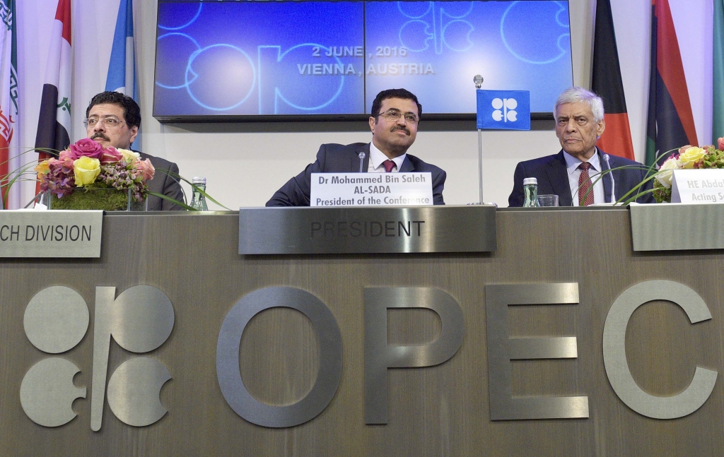 Omar Abdul Hamid OPEC Director of Research Division Mohammed Bin Saleh Al-Sada Minister of Energy and Industry of Qatar and President of the OPEC Conference Abdallah Salem El-Badri OPEC's Secretary General attend a news conference after the 169