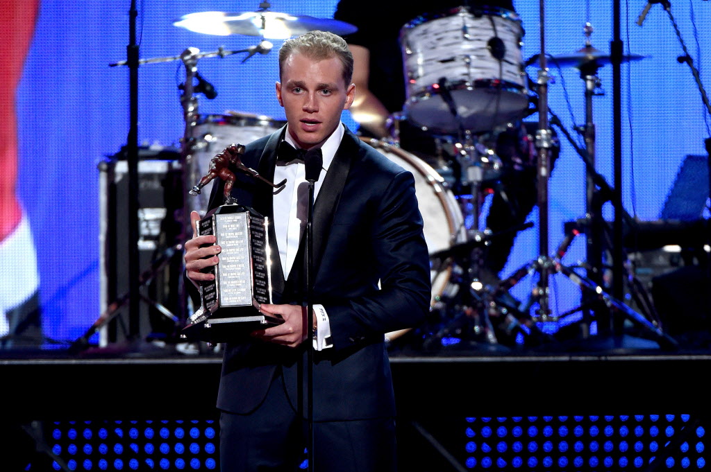 Patrick Kane accepts the Ted Lindsay Award as the most outstanding player during Wednesday's NHL Awards show at the Hard Rock Casino in Las Vegas