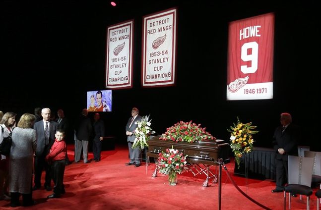 Mark Howe left greets fans as they pay their respects to Gordie Howe the man known as Mr. Hockey at Joe Louis Arena the home of the Detroit Red Wings NHL team his team for much of his Hall of Fame career Tuesday