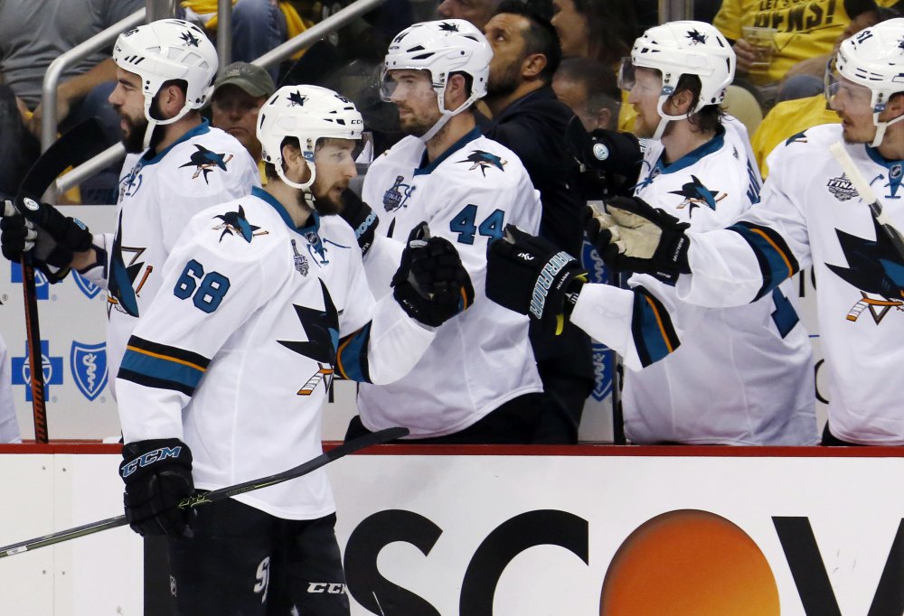 Melker Karlsson 68 of the Sharks celebrates his goal against the Penguins in the first period of Game 5 of the Stanley Cup Final on Thursday in Pittsburgh