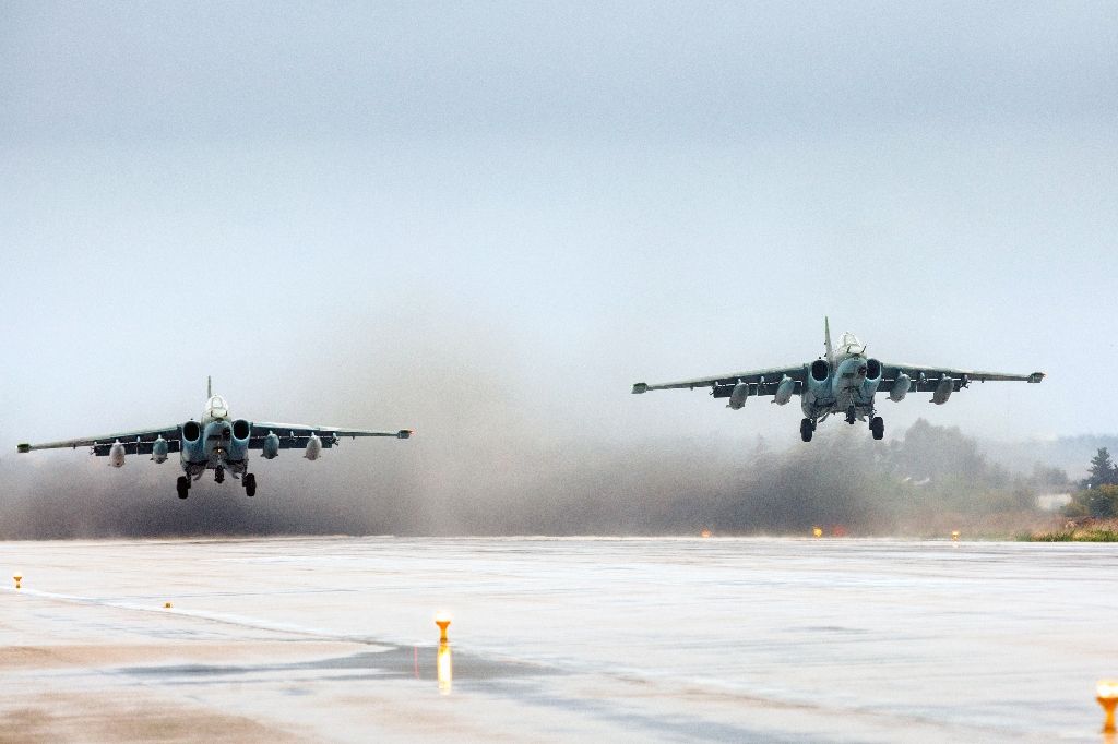 16 2016 and released by the Russian Defence Ministry shows Russian Sukhoi Su-25 ground attack aircraft taking off from Hmeimim military base in Latakia province