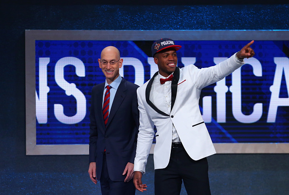 Buddy Hield poses with Commissioner Adam Silver after being drafted sixth overall by the New Orleans Pelicans