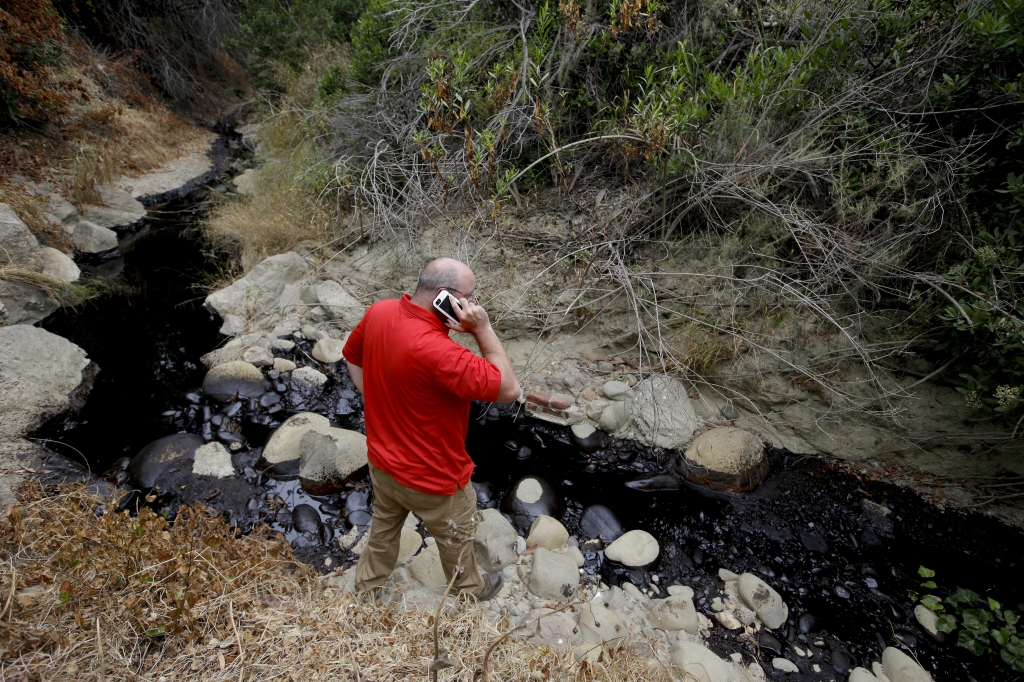 Oil Pipeline Spill-1 Cal State Channel Islands professor Sean Anderson talks on the phone as he studies oil from a spill Thursday