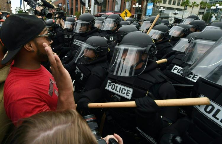 Police clashed with protesters after an anti Donald Trump rally in San Diego was declared illegal