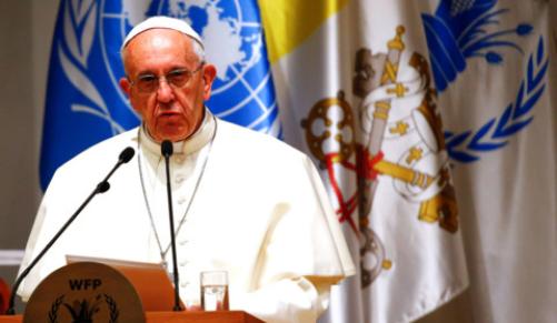 Pope Francis delivers his speech during a visit at the UN World Food Progamme headquarter in Rome Italy