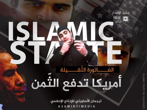 This poster distributed by an Islamic state militant supporter to advertise a new propaganda video shows Omar Mateen who killed 49 people at the Pulse nightclub in Orlando Florida with'Islamic State blazoned behind