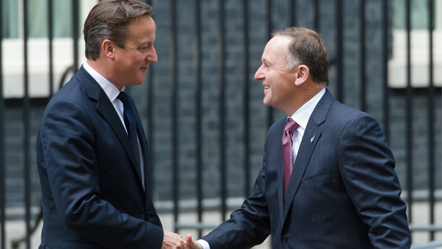 Prime Minister John Key greets British Prime Minister David Cameron ahead of a meeting in Downing Street in 2013