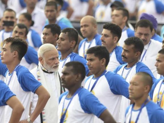 Prime Minister Narendra Modi at a mass demonstration of yoga in Chandigarh on Tuesday