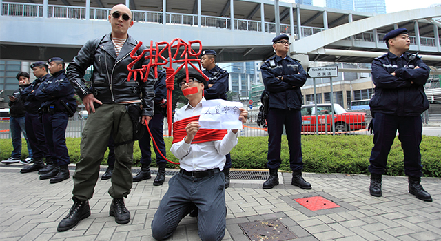 Protesters against the kidnapping of booksellers in Hong Kong