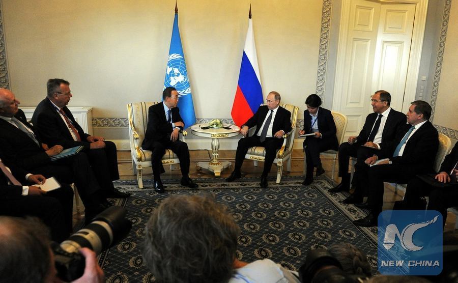 Russian President Vladimir Putin met with UN Secretary General Ban Ki-moon in St. Petersburg