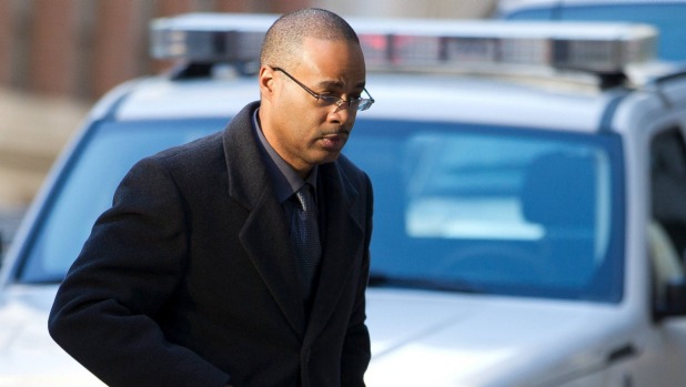 Baltimore Police officer Caesar Goodson Jr arrives at the courthouse during pre-trial sessions for his trial in the