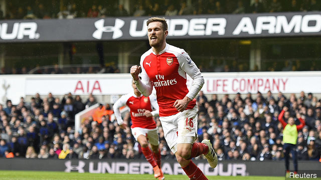 Aaron Ramsey celebrates after scoring the first goal for Arsenal