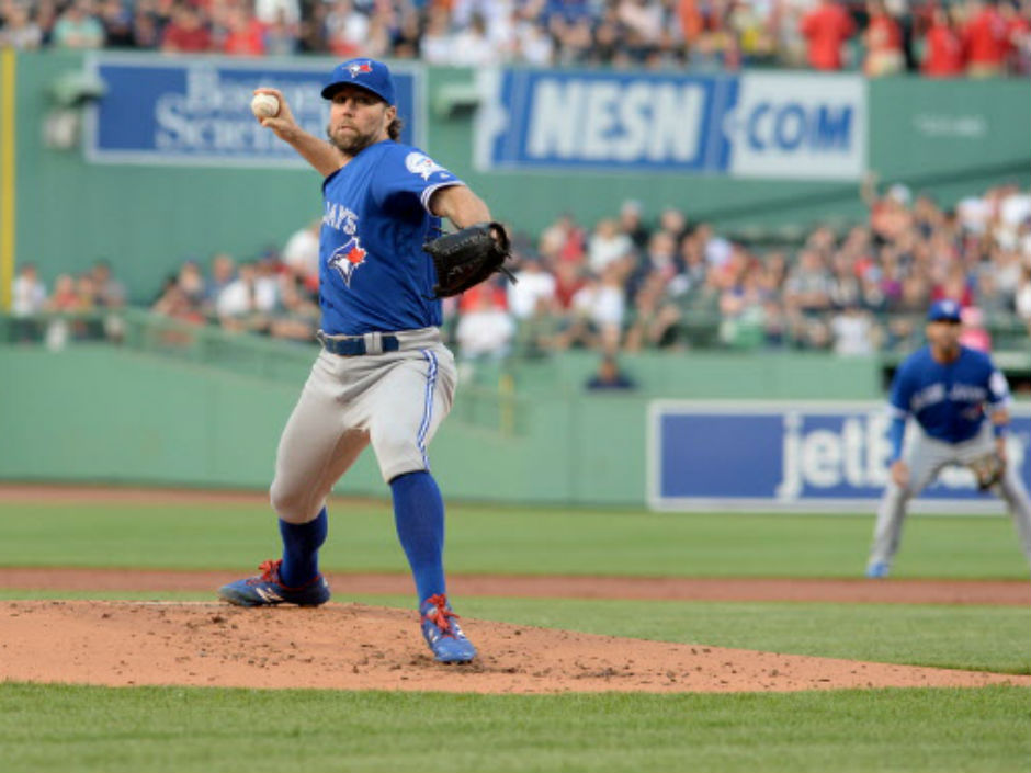 R.A. Dickey of the Toronto Blue Jays R.A. Dickey throws a pitch during Friday's MLB game at Fenway Park in Boston. Dickey allowed just two hits over 6.2 innings of work as the Jays posted a 5-2 victory